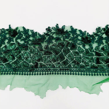 Green Net Lace Trim with Floral Embroidery And Sequins, Sari Border, Embroidered Trim